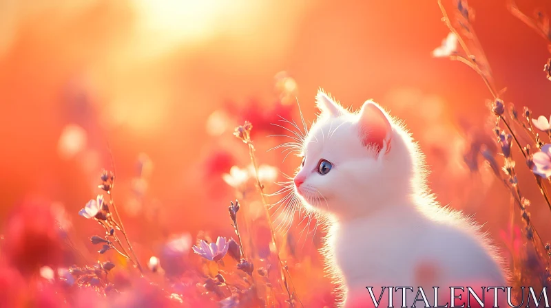 Sunset Glow and White Kitten Among Wildflowers AI Image