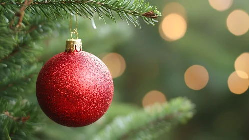 Festive Red Christmas Bauble with Bokeh Lights