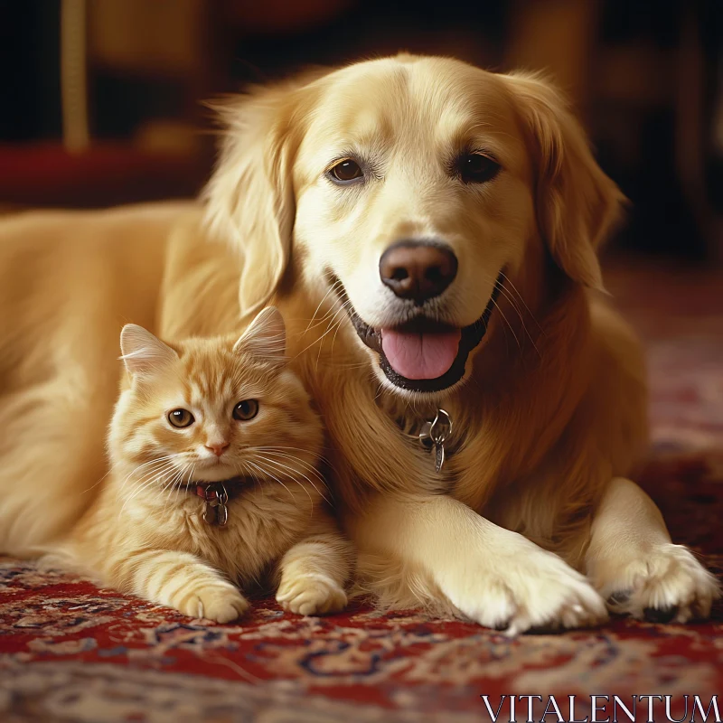 Golden Retriever and Ginger Cat on Rug AI Image