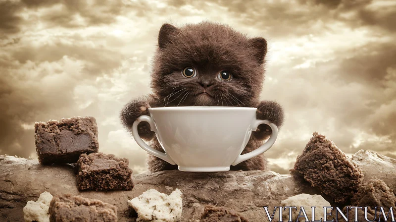 Cute Kitty Holding Cup with Brownie Treats AI Image