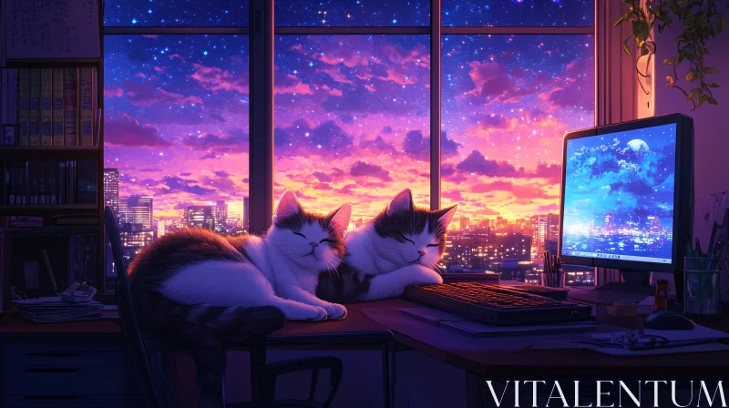 AI ART Office Cats at Sunset