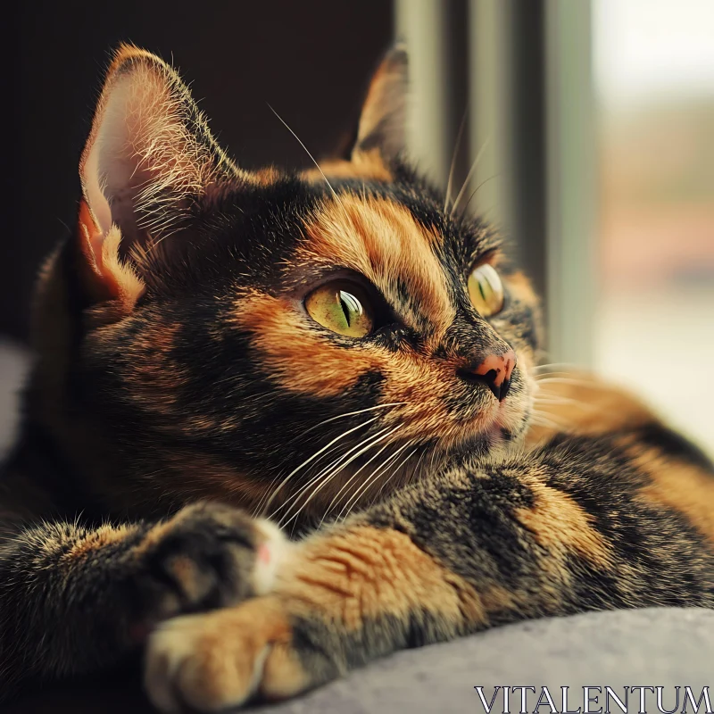 Close-Up of a Warmly Lit Tabby Cat with Green Eyes AI Image