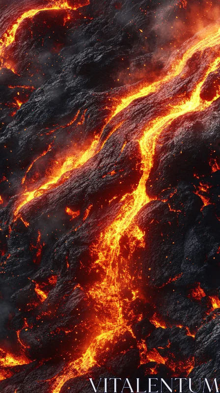 Intense Molten Lava Flowing Across Black Rocks AI Image