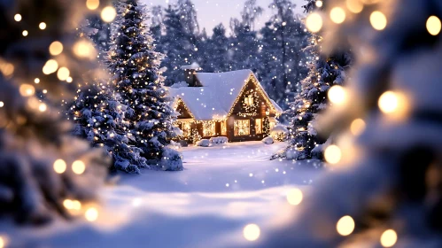 Warm Holiday-lit Cottage in Snowy Landscape