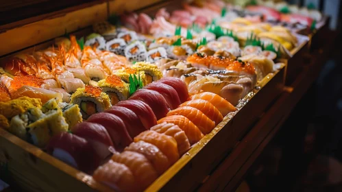 Exquisite Wooden Boat Filled with Delectable Sushi