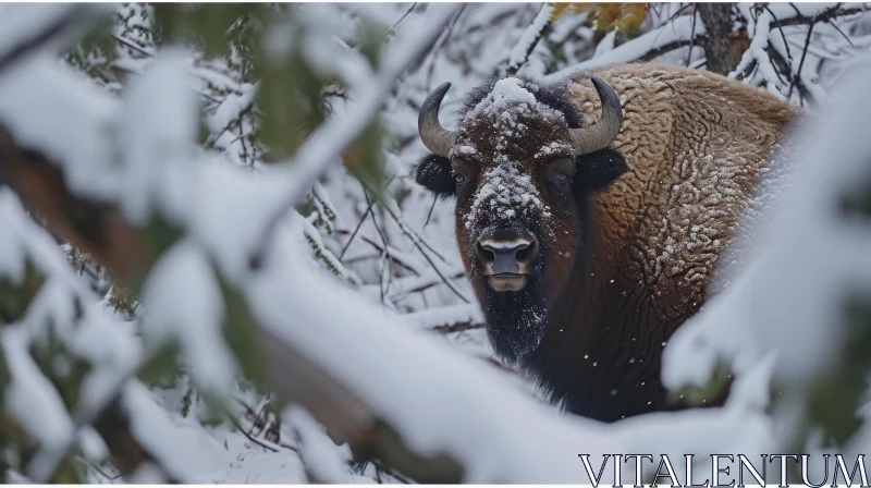 Majestic Bison in Snowy Forest - Captivating Wildlife Photography AI Image