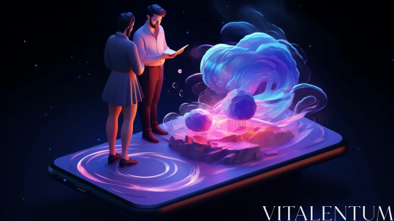 Man and Woman 3D Rendering on Smartphone Screen with Glowing Nebula AI Image