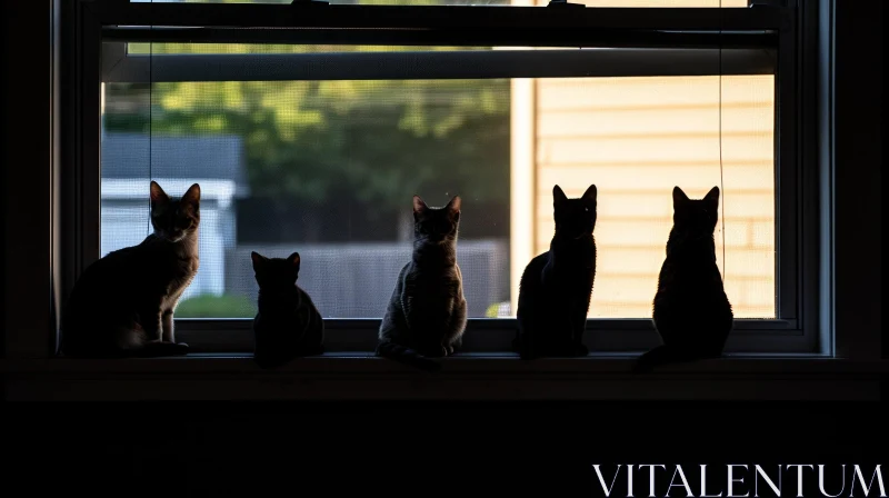 Serene Silhouette of Five Cats in a Window AI Image