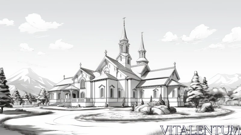 Small Church Sketch with Mountain Landscape AI Image