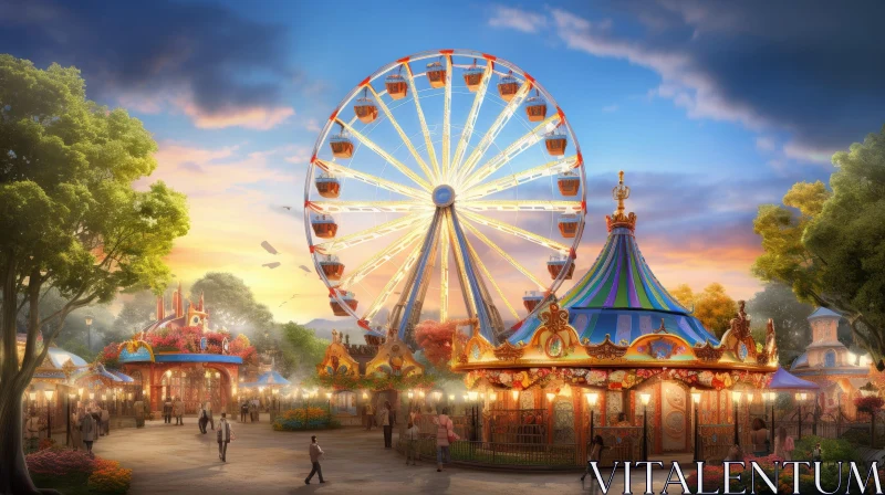 AI ART Sunset Ferris Wheel in Amusement Park