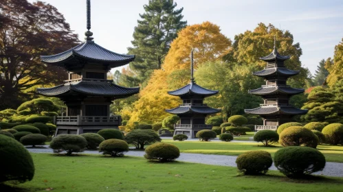 Tranquil Japanese Garden with Pagoda and Fall Colors