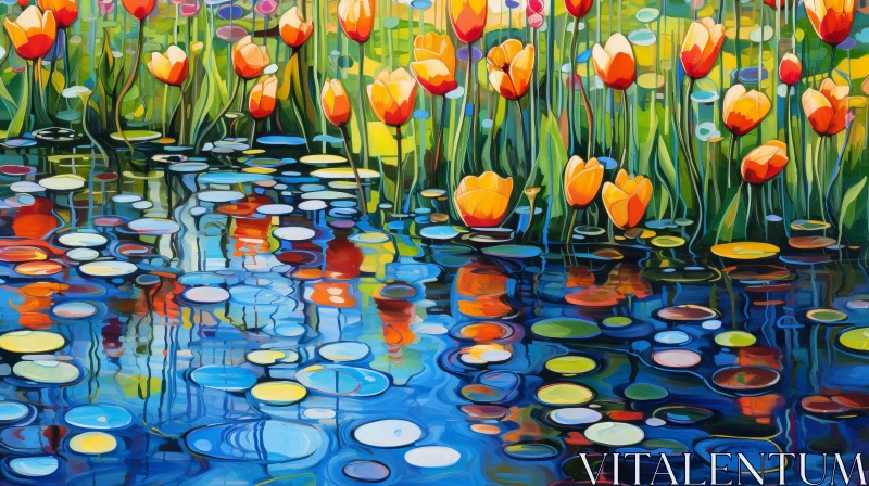 Tranquil Pond Painting with Orange Tulips AI Image