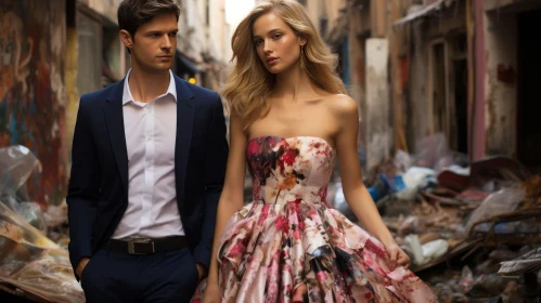 Young Couple in Luxurious Floral Fashion - A Romantic Alley Walk
