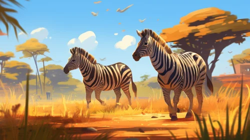 Zebras in Grassy Field - Digital Painting