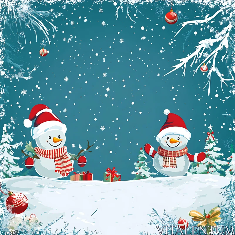 Cheerful Snowmen in a Snowy Holiday Landscape AI Image