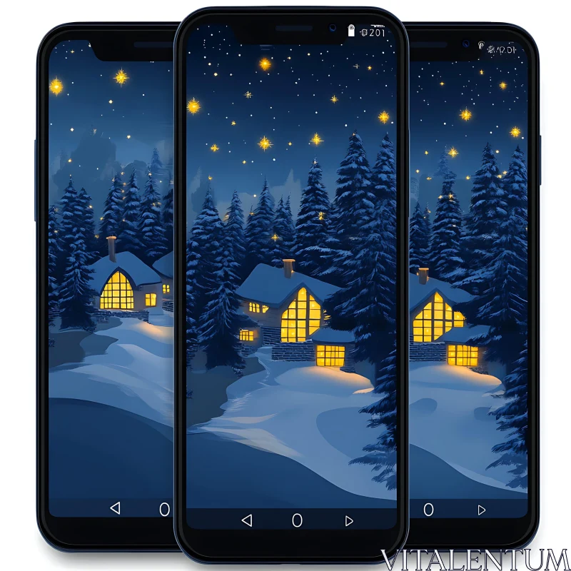 Serene Winter Night with Snowy Cabins and Starry Sky AI Image