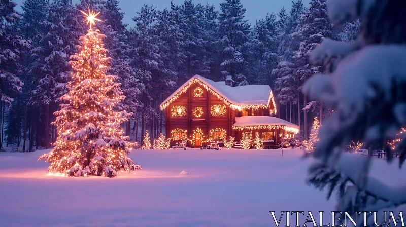 Christmas Cabin with Glowing Tree in Winter Forest AI Image