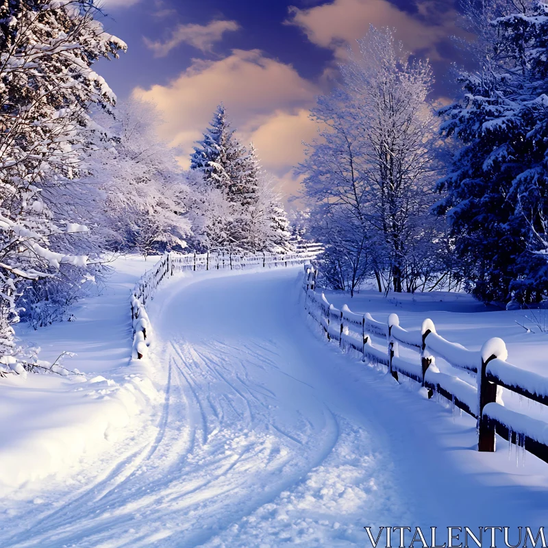 Serene Snow-Covered Path amidst Winter Trees AI Image