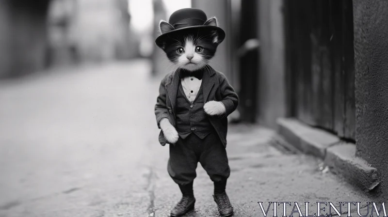 AI ART Kitten in Bowler Hat Standing on Street