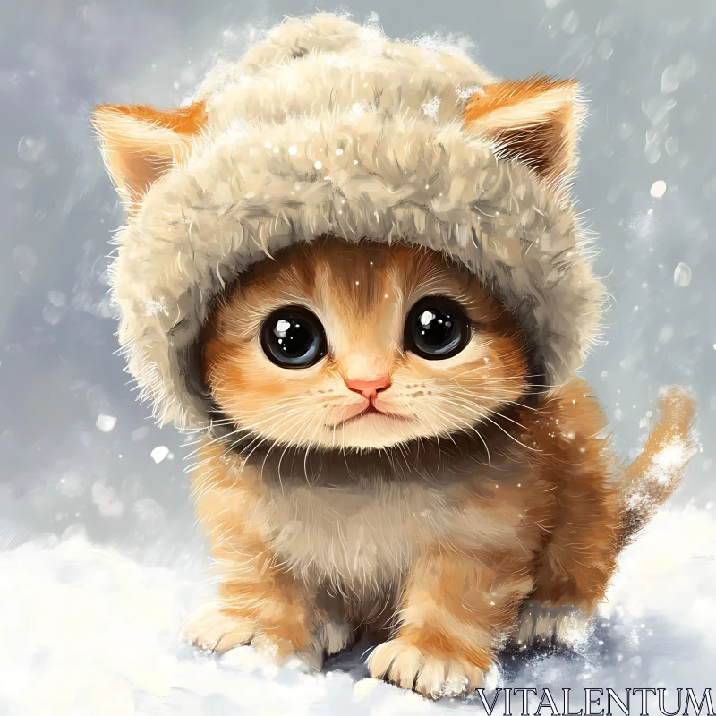 AI ART Cute Kitten in Winter Snow with Fluffy Hat