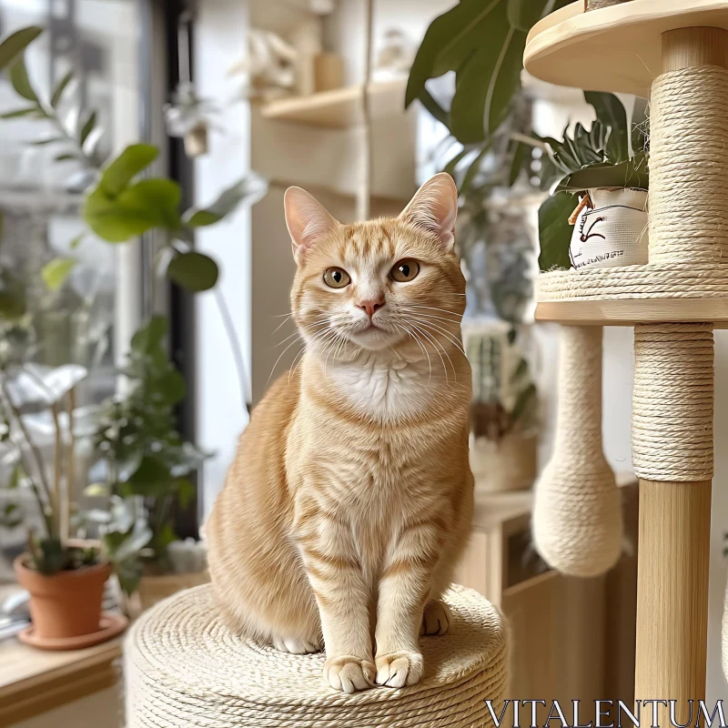 Serene Ginger Cat on Sisal Perch Indoors AI Image