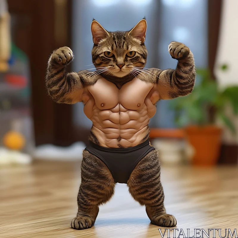 Anthropomorphic Cat Flexing Muscles AI Image