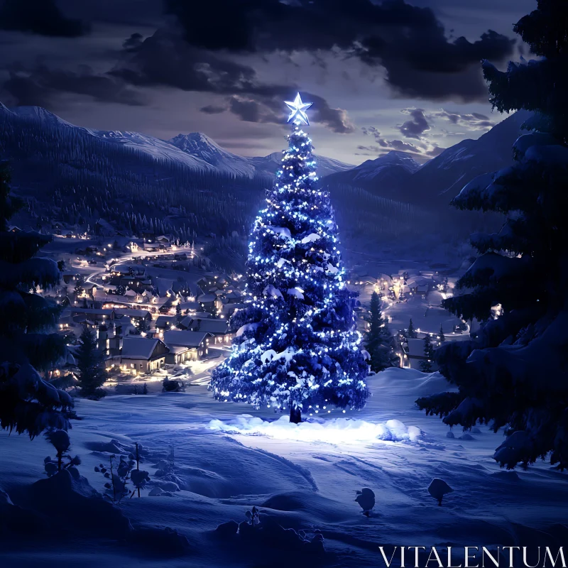 Christmas Tree Amidst Snow-Covered Village AI Image