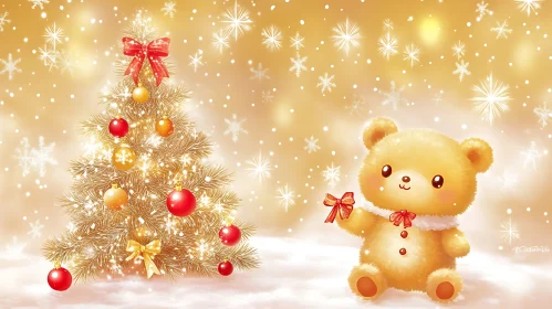 Festive Bear and Decorated Christmas Tree