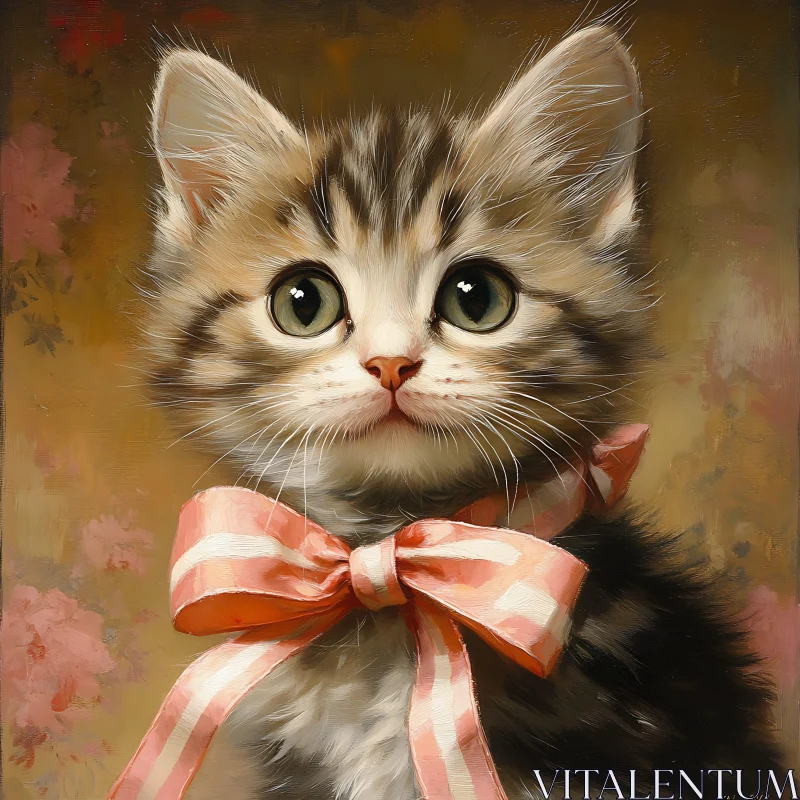 Cute Kitten Wearing a Ribbon Portrait AI Image