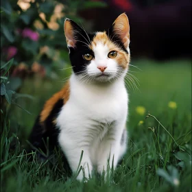 Amber-Eyed Cat Amidst Garden Greenery