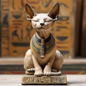 Egyptian Cat Figurine with Intricate Details and Historical Hieroglyphs