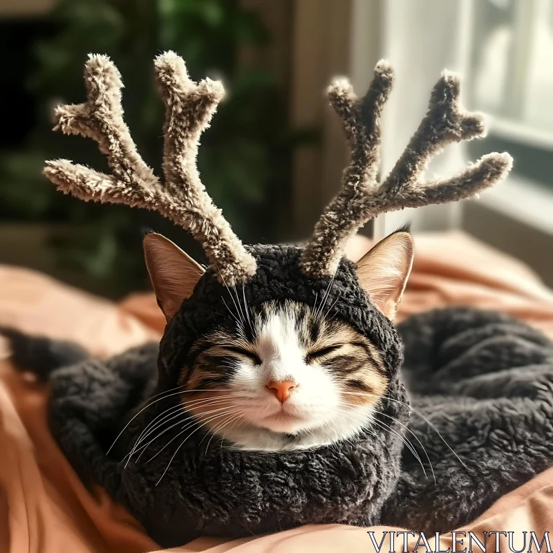 Cute Cat with Antlers in a Cozy Setting AI Image