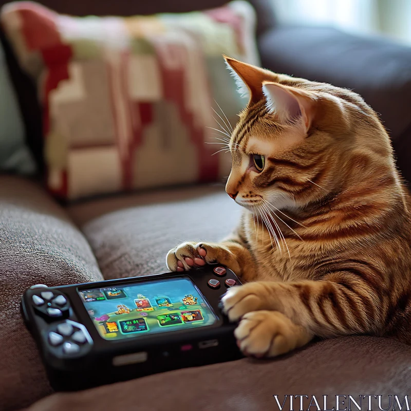 Cat Gaming on Handheld Console AI Image