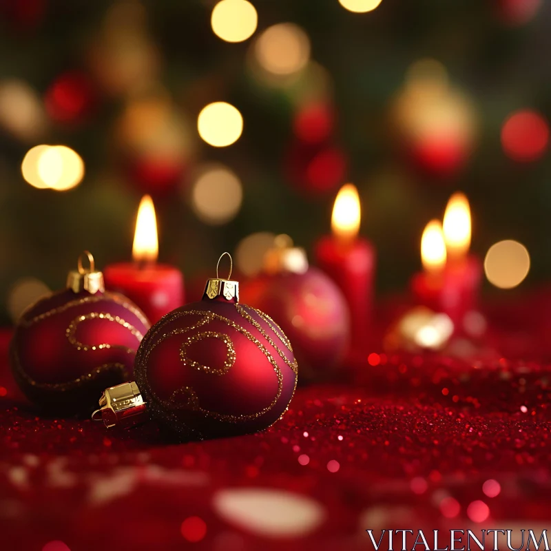 Holiday Atmosphere with Red Baubles and Lit Candles AI Image