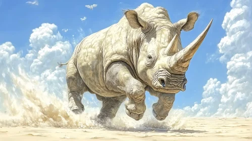 Charging Rhinoceros in Vast Desert