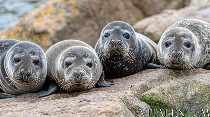 Close-Up of Four Adorable Seal Pups on a Rocky Shore AI Image