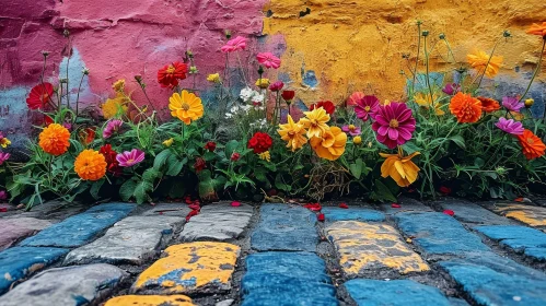 Colorful Wall with Vibrant Flowers: A Captivating Sight