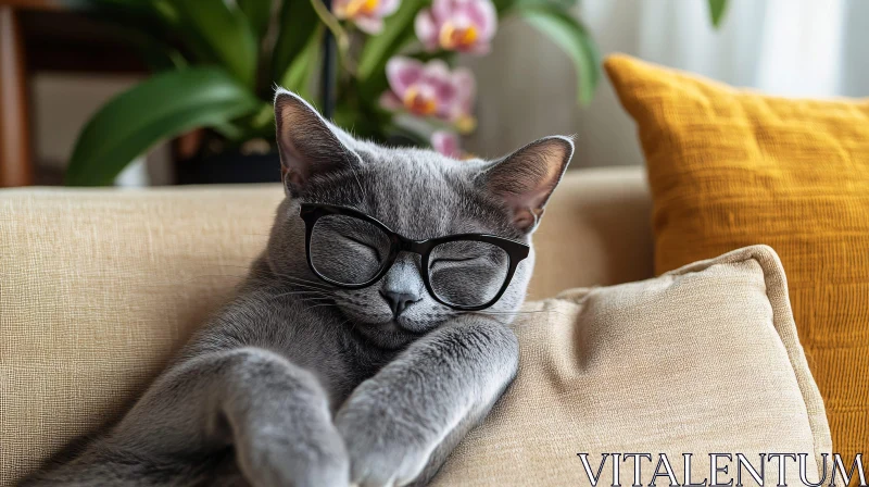 Grey Cat Sleeping with Glasses AI Image