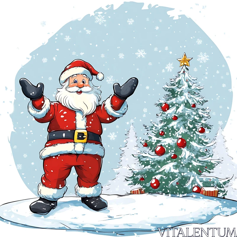 Santa Claus and Christmas Tree Illustration AI Image