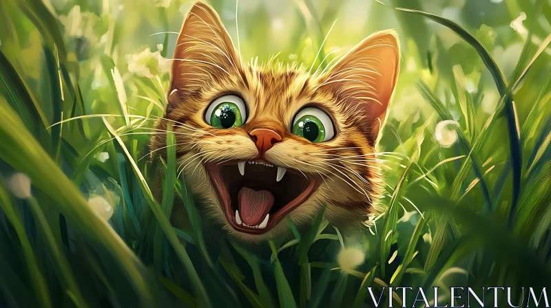 AI ART Playful Cat Emerging from Grass