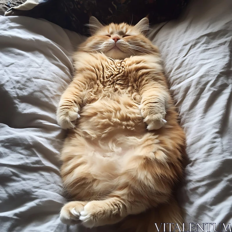 Sleepy Fluffy Cat on Cozy Bed AI Image