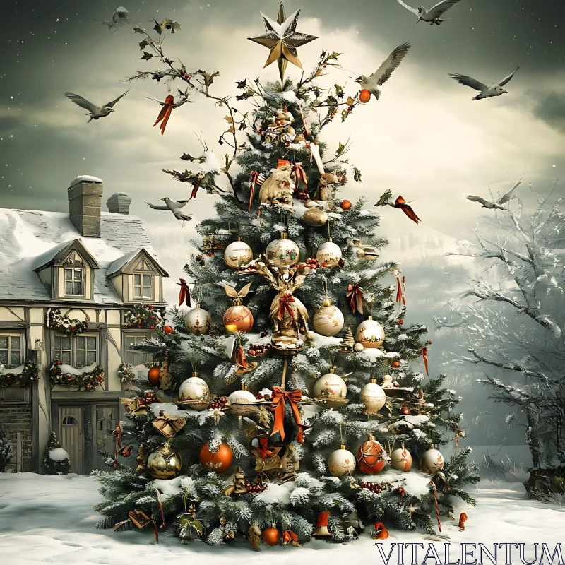 Festive Christmas Tree with Ornaments and Snow AI Image