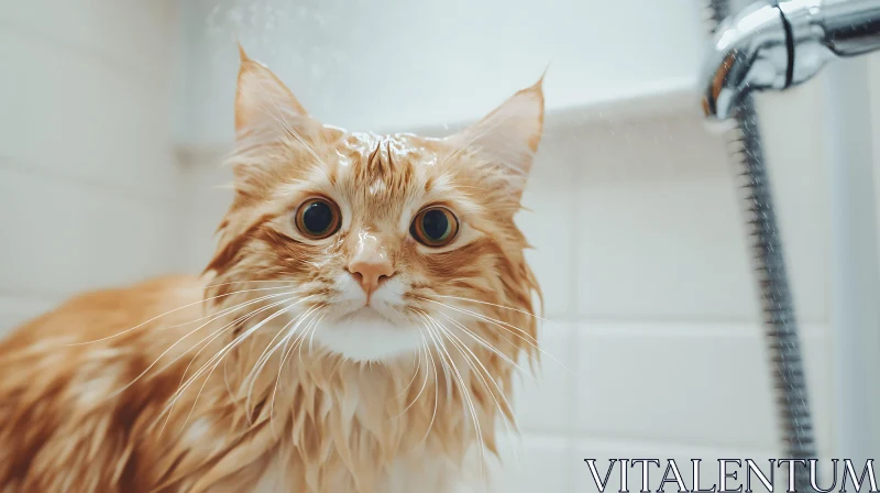 Surprised Wet Cat During Bath Time AI Image