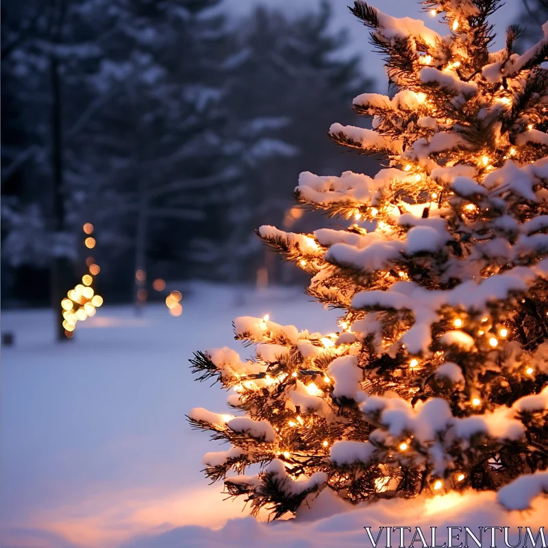 Snow-Covered Christmas Tree with Lights AI Image