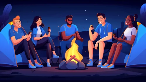 Friends Camping Night Scene with Smartphones
