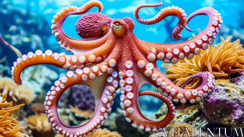 Graceful Orange Octopus Swimming in Front of Vibrant Coral Reef AI Image