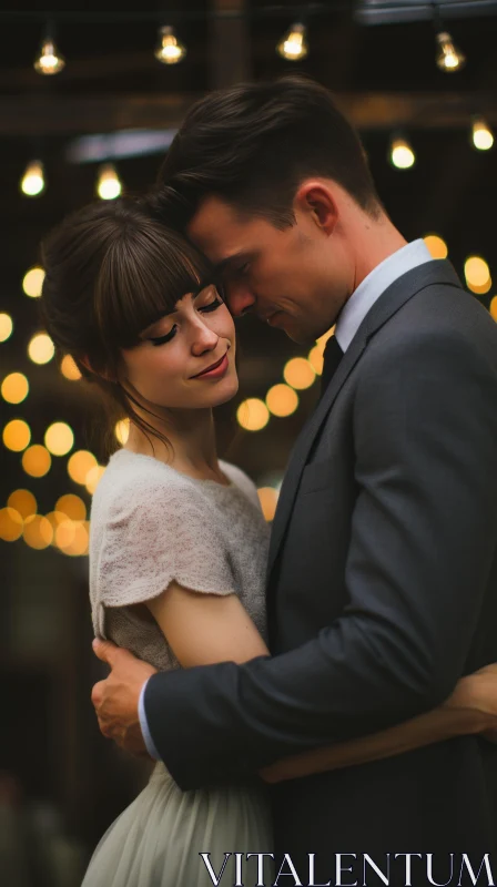 Romantic Wedding Moment Under Soft String Lights AI Image