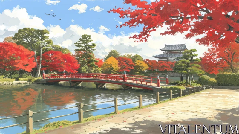 Serene Autumn Landscape: Vibrant Trees, Bridge, and Castle AI Image