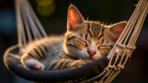 Tabby Kitten Sleeping in Hammock - Serene Nature Scene