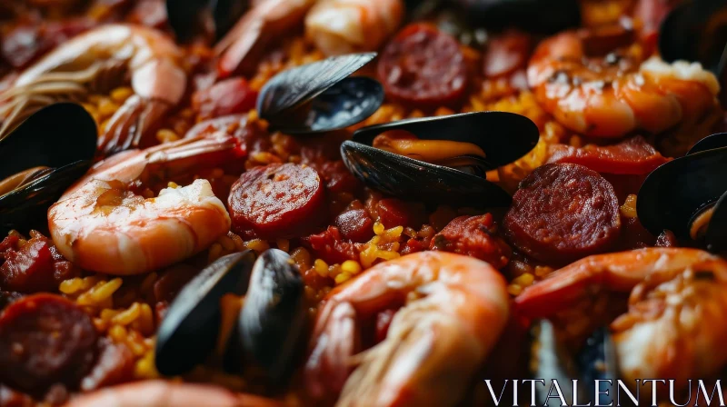 Traditional Spanish Paella: A Delightful Combination of Rice, Seafood, and Meat AI Image